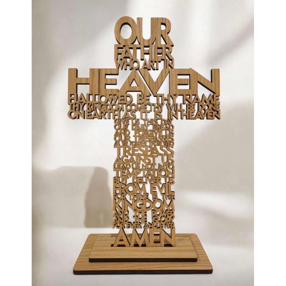 Handcrafted Lord's Prayer Wooden Cross 12"x7" Removable Base Stand or Hang